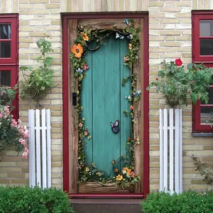 2pcs Vintage Wooden Frame Door Wall Sticker with Simulated Butterfly Decorative Mural Self Adhesive Wallpaper for Living Room Entrance Home Art Background Wall Decoration Removable Waterproof Bedroom Dec