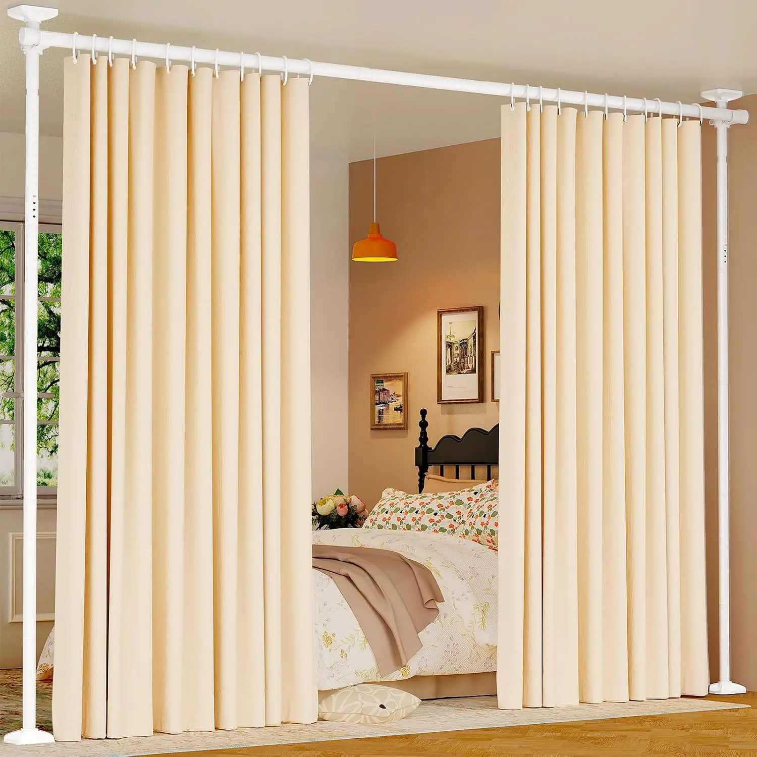 Freestanding Room Partitions, No-Drill Tension Curtain Rods, Adjustable 4-10ft H x 28-70in W Temporary Privacy Wall, Heavy-Duty Home/Bathroom Space Separator