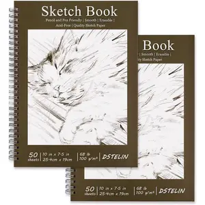 2 Pack 50 Sheets Spiral Bound Art Sketchbook, 10 x 7.5 Inch 100GSM Acid-Free Drawing Paper, Sketch Books with Cardboard Backing for Artists and Students
