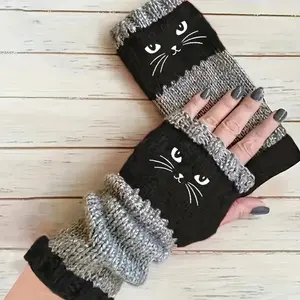 ltra Warm Knit Fingerless Gloves for Women - Adorable Cat Pattern Texting Gloves (1 Pair)