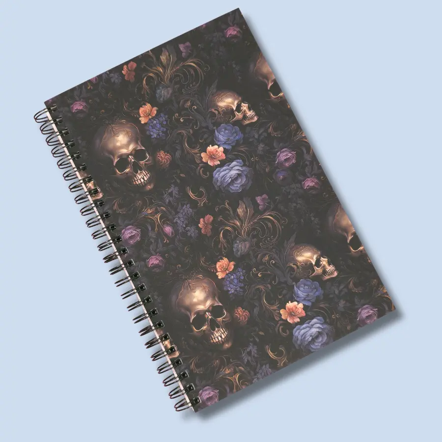 Skulls and Blue Floral Notebook – Lined Soft Cover | 5.5" x 8.5" | 80 Sheets | Metal O-Ring Bound