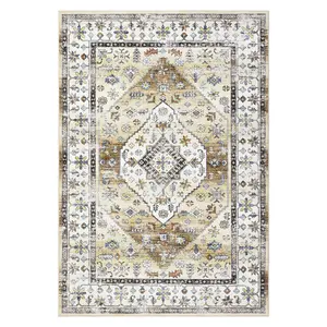 8x10 ft Polyester Imitation Cashmere Yellow Rectangular Boho Persian Floral Area Rug, Foldable Washable Flower-Printed Rug for Hallway & Bathroom, Boho Persian Rug, Floral Area Rugs