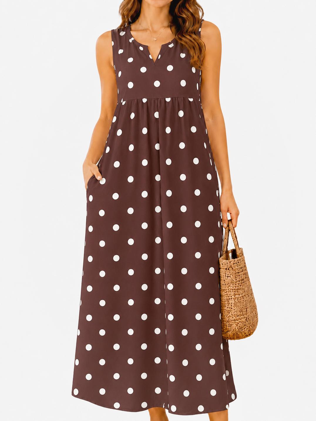 Polka Pockets Long Dress Sleeveless Berry Garden Sleeveless Maxi Dress Casual Summer Vacation Dress Womenswear Fitted Vneck