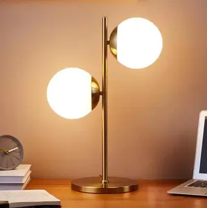Brightech Sphere Table Lamp for Living Room, Mid-Century Modern Nightstand Light for Bedroom Offices, Contemporary Living Room Decor - 2 LED Globe Lights, USB Port – Gold/Antique Brass
