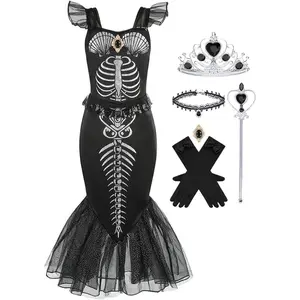 P-CPA23   Girls Mermaid Skeleton Costume Kids Ariel Princess Black Dress Halloween Cosplay Outfits with Accessories