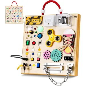 Wooden Busy Board Toys for 1 2 3 Boys Girls,Toddler Sensory Educational Fidget Board Travel Toy with LED Light Up Switches & Music Boxes, Locks for Kids Gifts