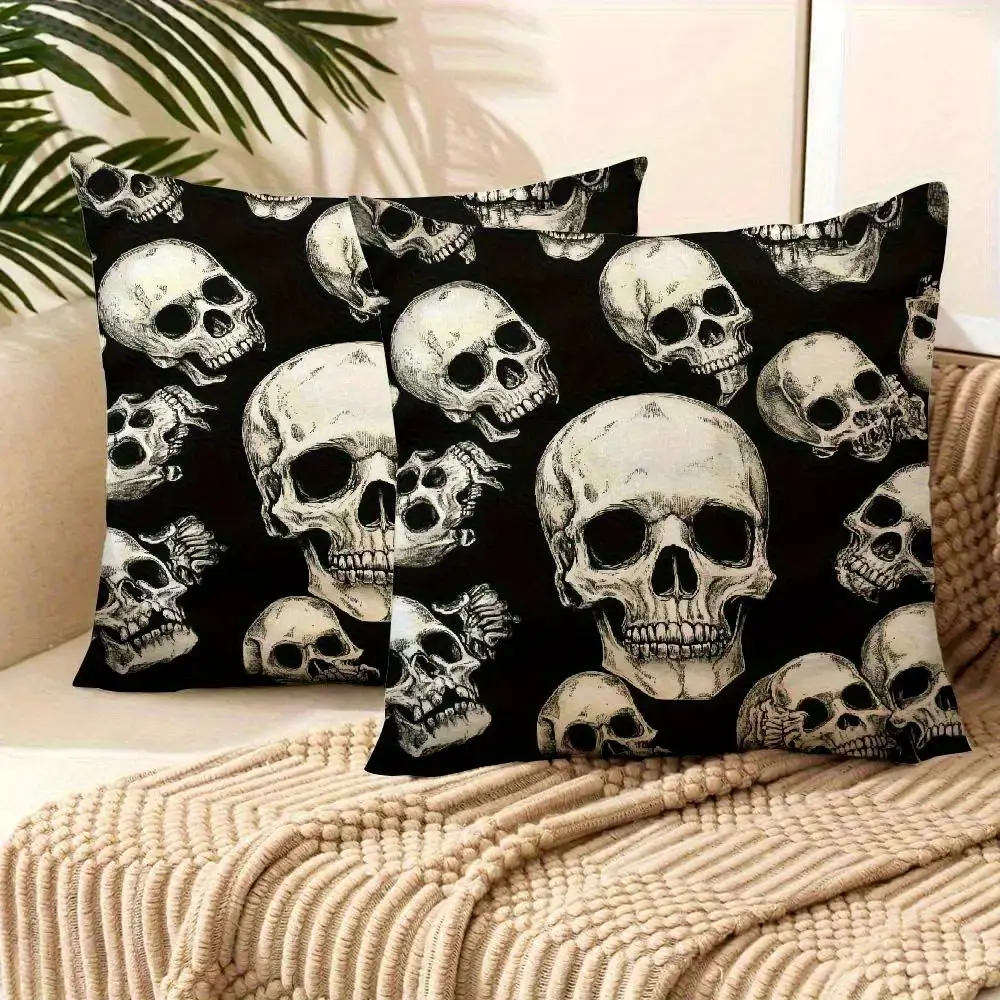 Set of Two Black Pillows Featuring a Skull Pattern Design in a Gothic Style. Ideal for Home Decor, These Pillows Are Suitable for Use As Sleeping Pillows on a Bed, Sofa
