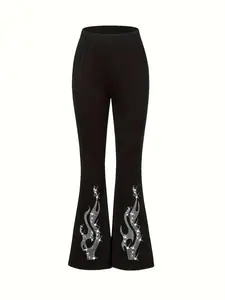 Girl's Rhinestone Decor Flare Leg Pants, Casual Comfy High Waist Bell Bottom Trousers for Daily Wear, Kids Bottoms for All Seasons