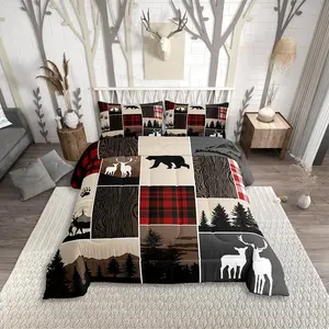 Christmas Buffalo Plaid Comforter Set,Woodland Moose Bedding Set,Vintage Deer Bear Duvet Insert,Plaid Farm Animal Quilt Rustic Patchwork Comforter