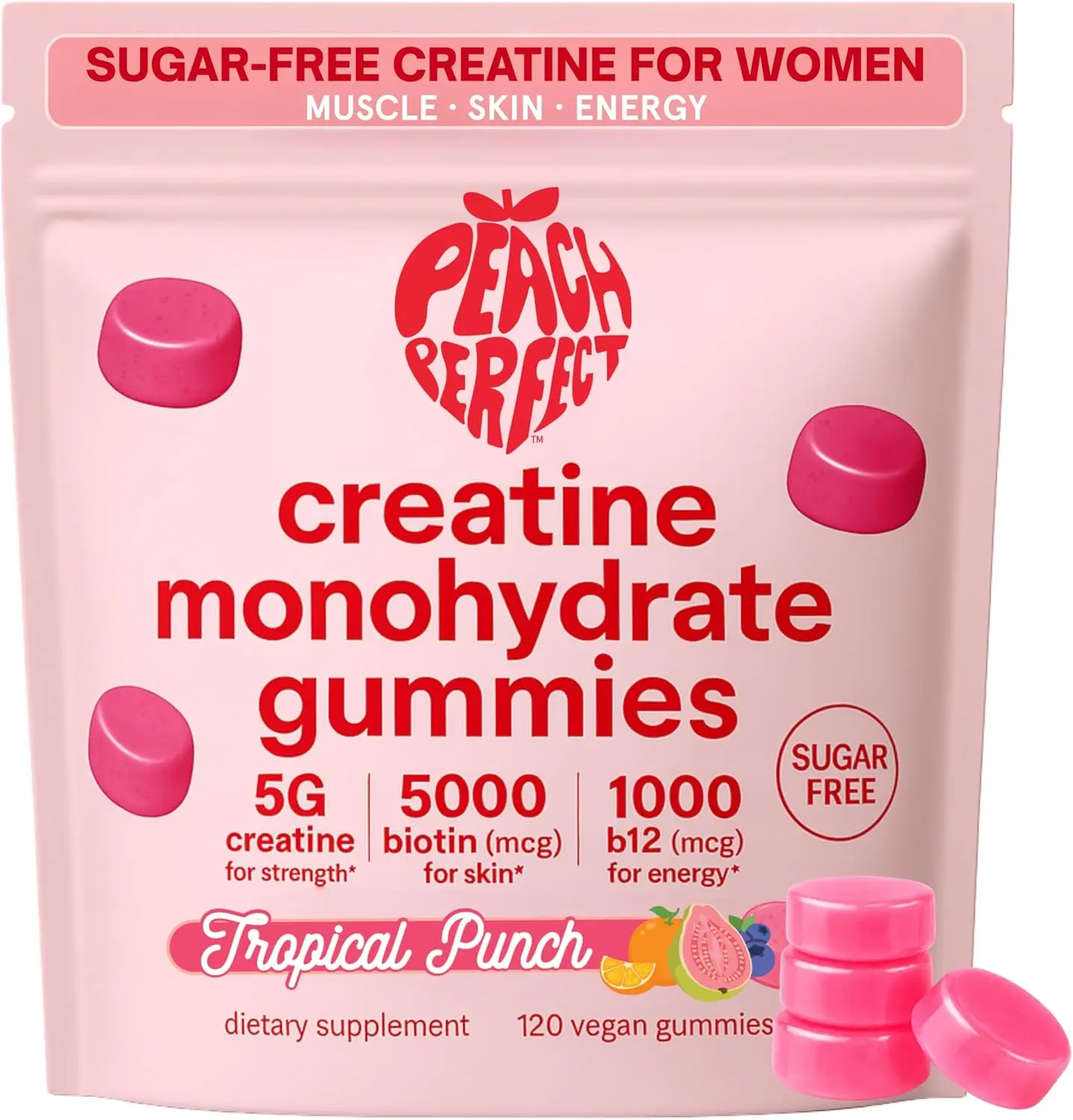 Peach Perfect Creatine Gummies for Women – Micronized Creatine Monohydrate with Biotin & Vitamin B12 for Glute Strength Support, Boosts Energy, Focus, Strength, and Endurance – Tropical Punch, 30 SVG