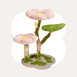 Happy & Polly 35.4" Blossom Wonder Solid Wood Cat Tree with Soft Pink Flowers and Green Leaves for Cozy Play