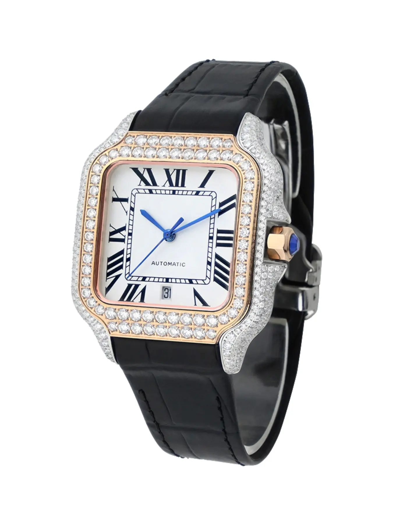 Moss Stone Automatic Mechanical Watch, Luxury Fashion Analog Wristwatch, Square Rose Case with Stones, All Seasons Style, High End Watch, Mechanical Wristwatches
