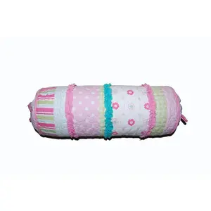 Greta Floral Stripe Pink Round Ruffle Bolster Decor Throw Pillow