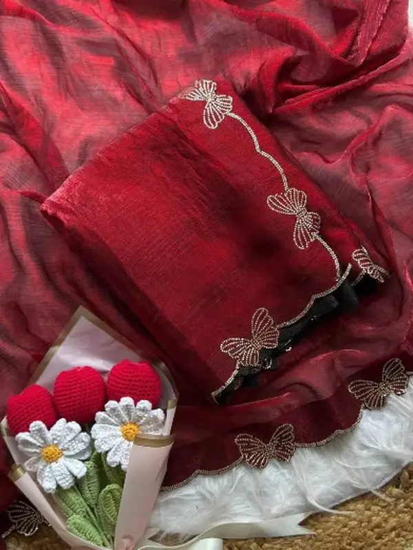 DESIGNER FENDY CHIFFON BUTTERFLY STONE  WORK WITH SCALLOP BORDER WORK SAREE WITH UNSTITCHED BLOUSE