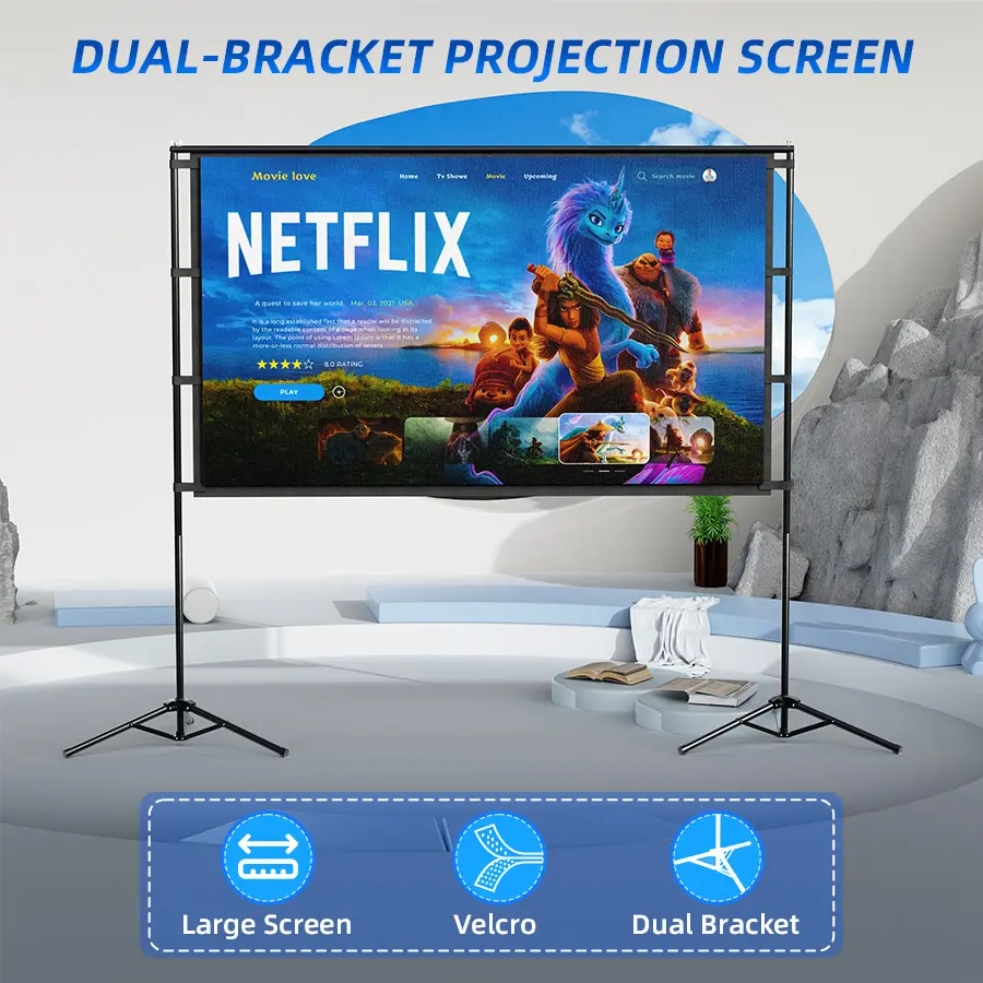 100-inch portable dual-stand projection screen, high-definition foldable soft screen, floor-mounted without drilling, freely adjustable height, suitable for home living rooms, conference training, and outdoor camping