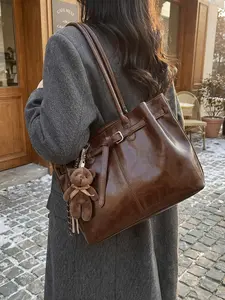 Vintage Simple Women's Tote Bag, Casual Solid Color Shoulder Bag, Lightweight Daily Handbag, Office Shoulder Bag, Commuter Bag for Work