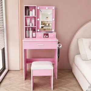 Vanity Table Set with Mirror & Adjustable LED Lights, Power Outlet, Hairdryer Holder, Upholstered Stool, MDF Dressing Desk with Drawers & Shelves, Compact Makeup Table for Small Bedrooms, Multiple Color Options, Black/Pink/Vintage/White Color