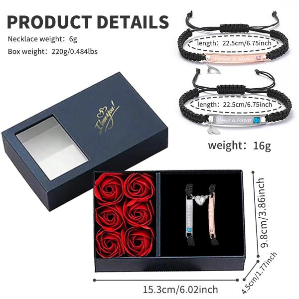 Couple Rhinestone Decorated Magnetic Heart Charm String Bracelet  Gift with Rose Gift Box, 1 Set Fashionable Jewelry for Women & Men, Trendy Bf Gf Bracelet Jewelry for Birthday Gift