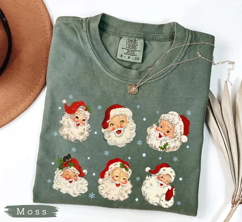 Comfort Colors Vintage Santa Faces Shirt, Retro Christmas Graphic Tee, Cute Santa Claus Holiday T-Shirt, Nostalgic Xmas Apparel, Santa Gift for Her