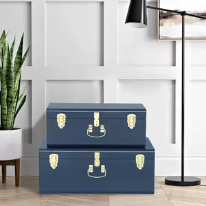Navy Blue Metal Storage Trunk Set of 2 Lockable for College Dorm Kids Keepsake Toys End of Bed Footlocker