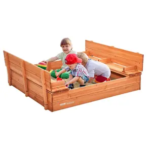 fathersdaygift VEVOR Wooden Sandbox, 52.4x 47.2x 16.9 in Sand Box, Sand Pit with Foldable Bench Seats and Bottom Liner, Natural Wood Kids Sandbox for Outdoor Backyard, Beach, Park, Gift for Boys Girls Ages 3-12