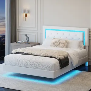 [Bellemave] Full/Queen Size Bed Frame with Headboard, Floating Bed Frame with LED Lights, Upholstered Platform Bed with Diamond Tufted Headboard, No Box Spring Required