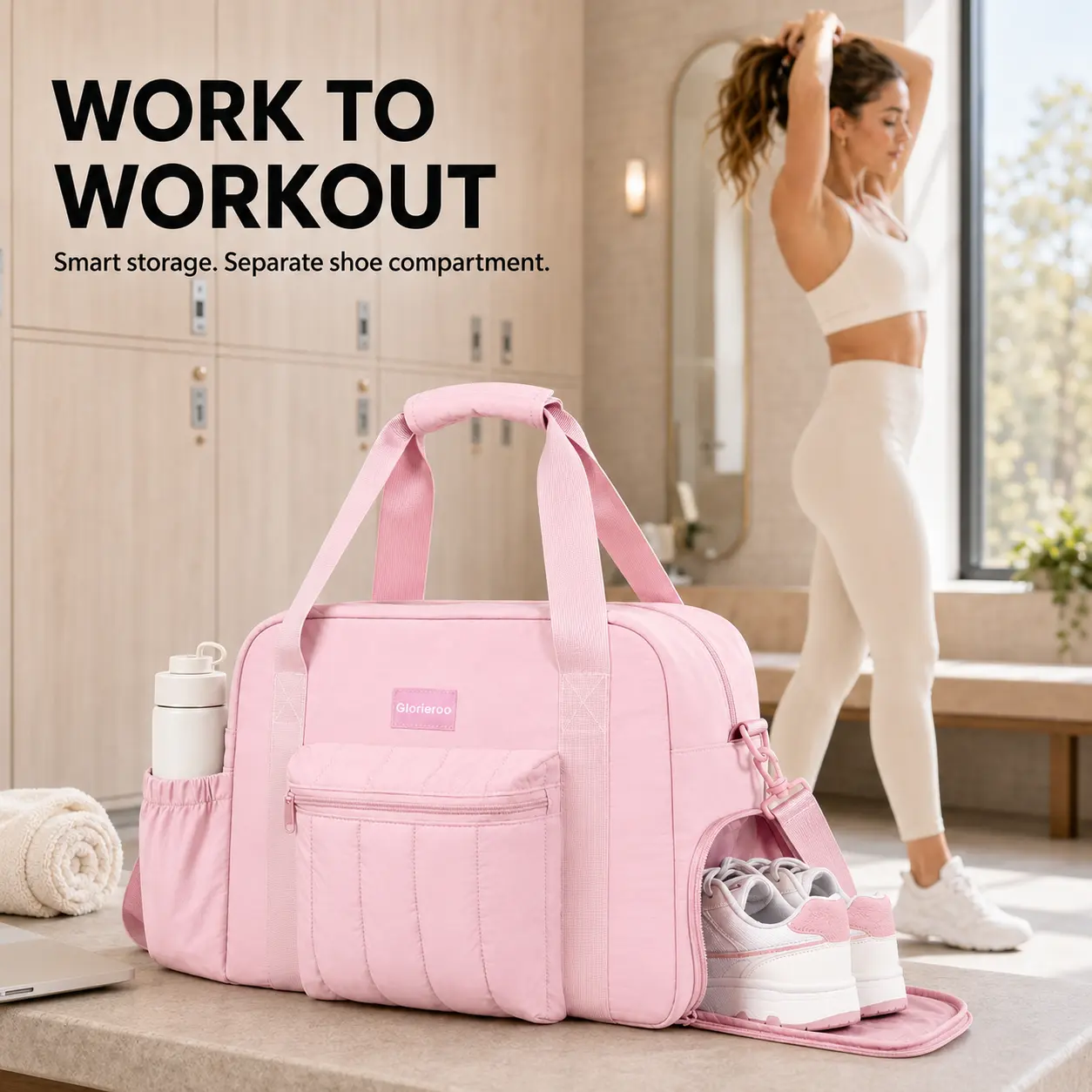 Women’s Quilted Puffer Nylon Gym Bag for Women – 16” Laptop Sleeve, Shoe Compartment with Shoe Vents, Wet Pocket, Luggage Sleeve Weekender Carry-On Bag