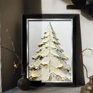 1-Piece 8x12 Inch (Multi-Size) Elegant MDF Wood Frame | Luxury Gold/Silver/Black Large Format Display | Tabletop & Wall Mount Art Print - "Textured White Christmas Tree with Gold Accent" Impasto Oil Painting for Living Room, Christmas Home Decor