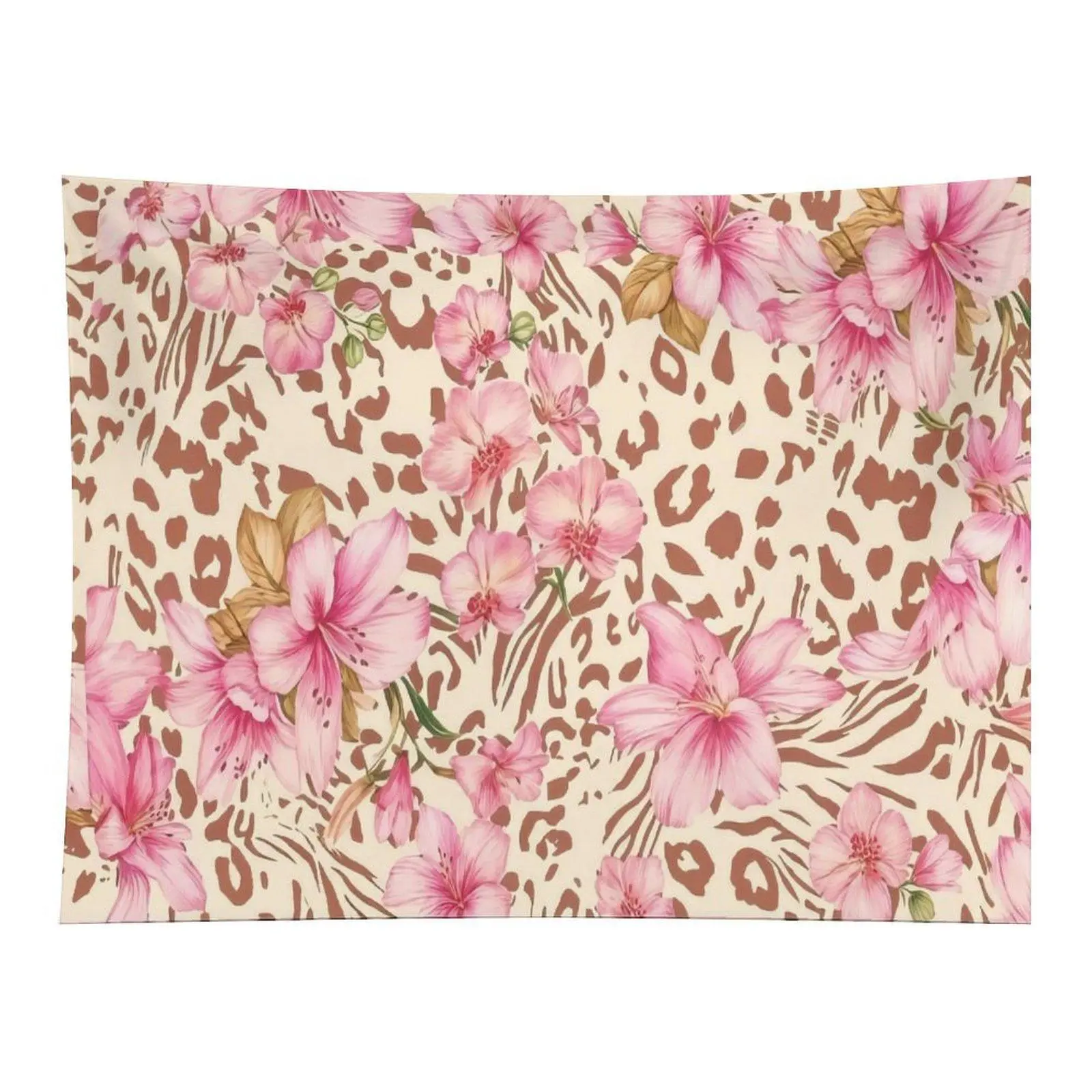 Leopard Print Pink Hibiscus Lily Floral Mixed Seamless Wall Tapestry Wall Hanging, Tropical Wild Flower Animal Print Boho Decor for Summer Bedroom Beach Dorm Party Backdrop