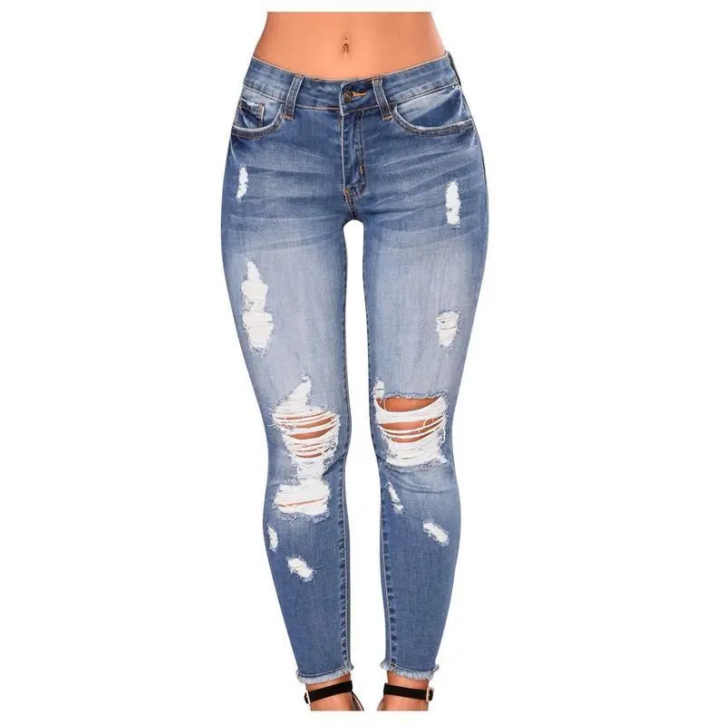 Women Ripped Hole Slim Jeans, Women'S Stretchy Ripped Hole Trousers Slim Jeans Butt Lifting Distressed Denim Pants With Pockets Elastic Vintage Streetwear
