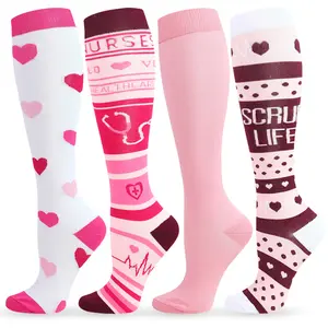 ISUNIE 4 Pairs Blue & Pink Compression Socks for Women & Men, Knee-High, Graduated Compression, Leg Support, All-Day Comfort, Walking, Travel, Daily Wear, Casual Wear