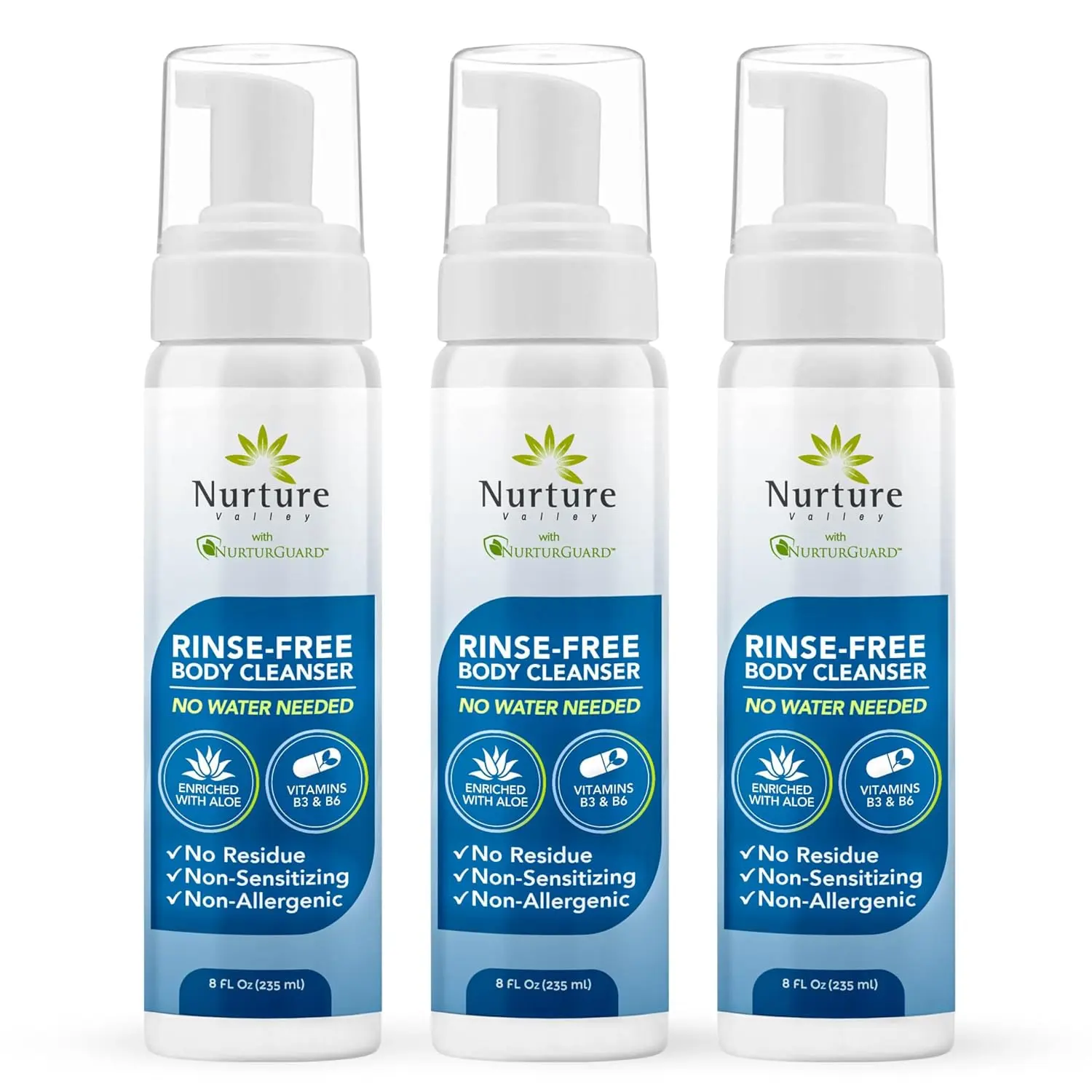 Nurture Rinse Free Waterless Foaming Cleanser Body Wash w/Aloe 8oz 3 Pack | Gentle soothing formula designed for adults, camping, elderly & hospital care, moisturizing skin shower hygiene alternative