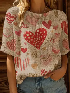Spring Summer Knit Top, One Shoulder Straps, Colorblock Heart Print Short Sleeve, Valentine's Day Casual Elegance, Boho Beachwear, Womenswear Knitwear Fitted, Lady