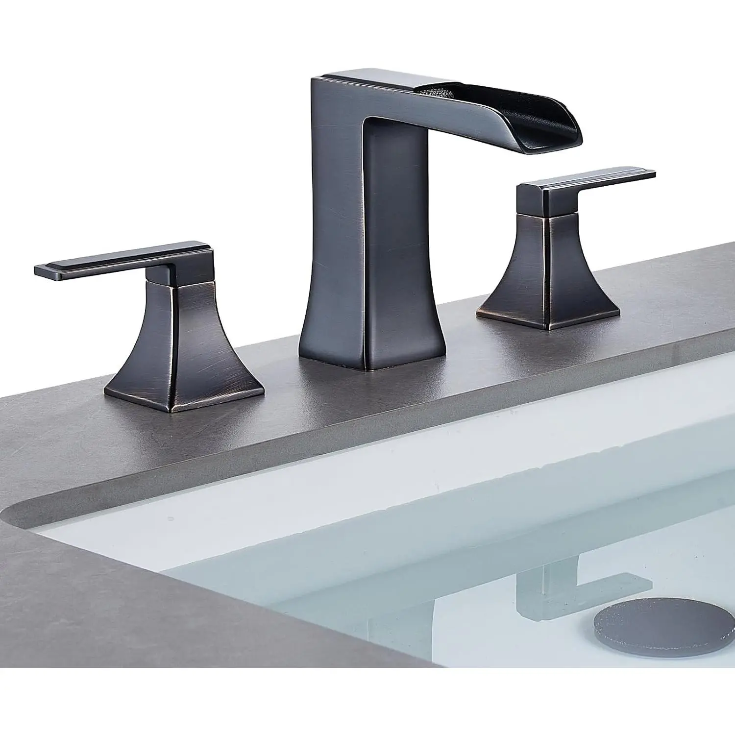 Oil Rubbed Bronze Bathroom Faucet 3 Hole,  Antique Bronze Waterfall Faucets for 4-16 Inch Widespread Bathroom Sinks, Two Handle Vanity Faucet 3 Holes for Farmhouse RV with Drain Assembly