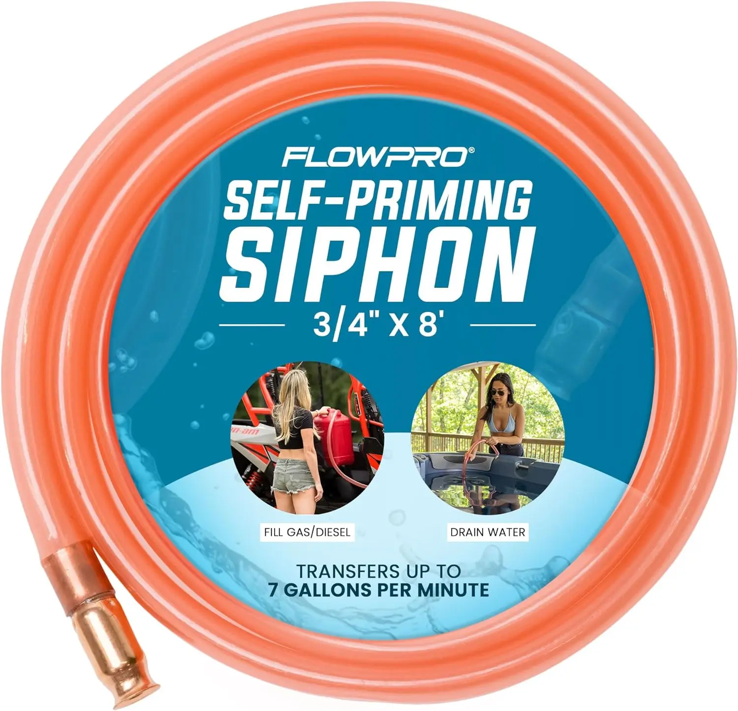 FlowPro Multipurpose Self-Priming Gas Siphon 3/4” x 8’ | Durable Industrial Grade Tubing Siphon Hose | Fuel Siphon for Gas, Oil, Water, Non-Corrosive Chemicals | 7 Gallons/Minute |