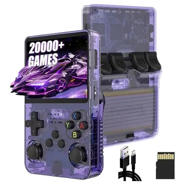 Retro Game Handheld Console with 64GB Preloaded Games 3.5" HD IPS Screen Save Load Function Portable Emulator for Family Adults Nostalgic Players Purple