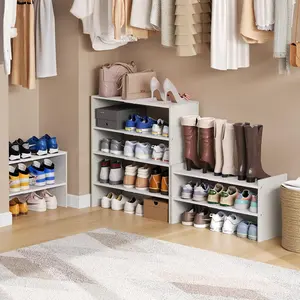 2 Pack 2-Tier Shoe Rack Organizer for Closet, Expandable and Adjustable White Shoe Rack, Stackable Iron Wood Combination Shoe Storage Shelves for Closets, Entryway, Small Space, Garage