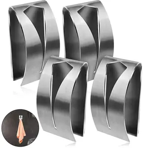 4 Pcs Self Adhesive Towel Hook Holder Grabber Stainless Steel Kitchen Dish Towel Hook Wall Mount Non Drilling Towel Hangers Rack Hand Towel Hook Tea Towel Holders for Bathroom Organiser Hollow