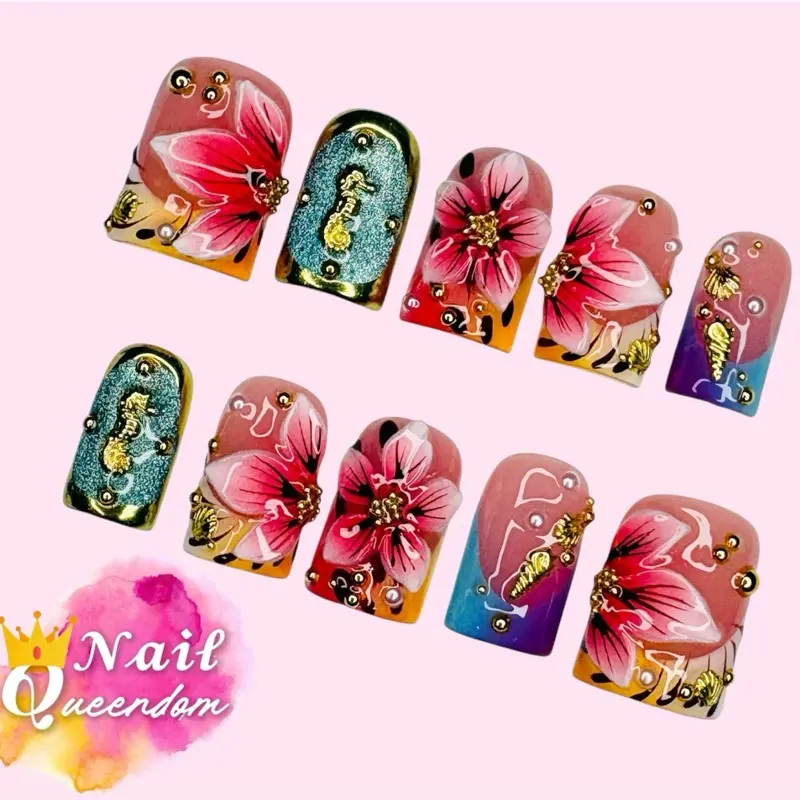 Nail Queendom [TROPICAL MIRAGE] Handcrafted Press-On Nails Reusables Long Lasting Salon Quality Easy Application 10 Pieces Set Eco-Friendly 3D-gel Finish