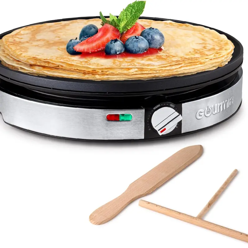 Gourmia 12 Inch Non-Stick Countertop Crepe Maker, 1000W, Precision Temperature Dial, Cool-Touch Base, Includes Batter Spreader & Spatula, Ideal for Large Pancakes or Wraps, Anti-Adhesive Non-Stick Crepe Makers