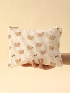 Bear Pattern Plaid Makeup Bag, Lightweight Zipper Lined Handheld Cosmetic Pouch, Multifunctional Organizer for Toiletries & Accessories, Makeup Storage Bag