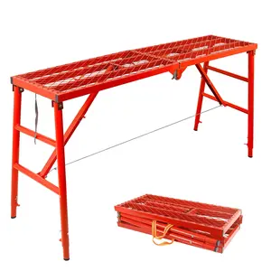 Red Foldable Scaffolding Work Platform, 69"L × 15"W, 770 Lbs Load Capacity. Height Adjustable Industrial Steel Step Ladder, Portable Heavy-Duty Work Bench, Folding Work Platform、Decoration Sawhorse、Portable Scaffold for Construction & Home Renovation.