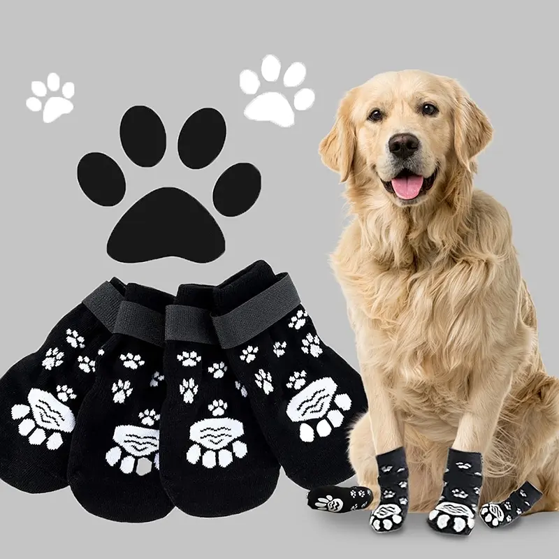 4-Piece Winter Pet Warm Non-Slip Socks, Indoor Outdoor Snow Travel, Anti-Freeze Soft Silicone Bottom, Universal for Dogs & Cats, with Paws Design