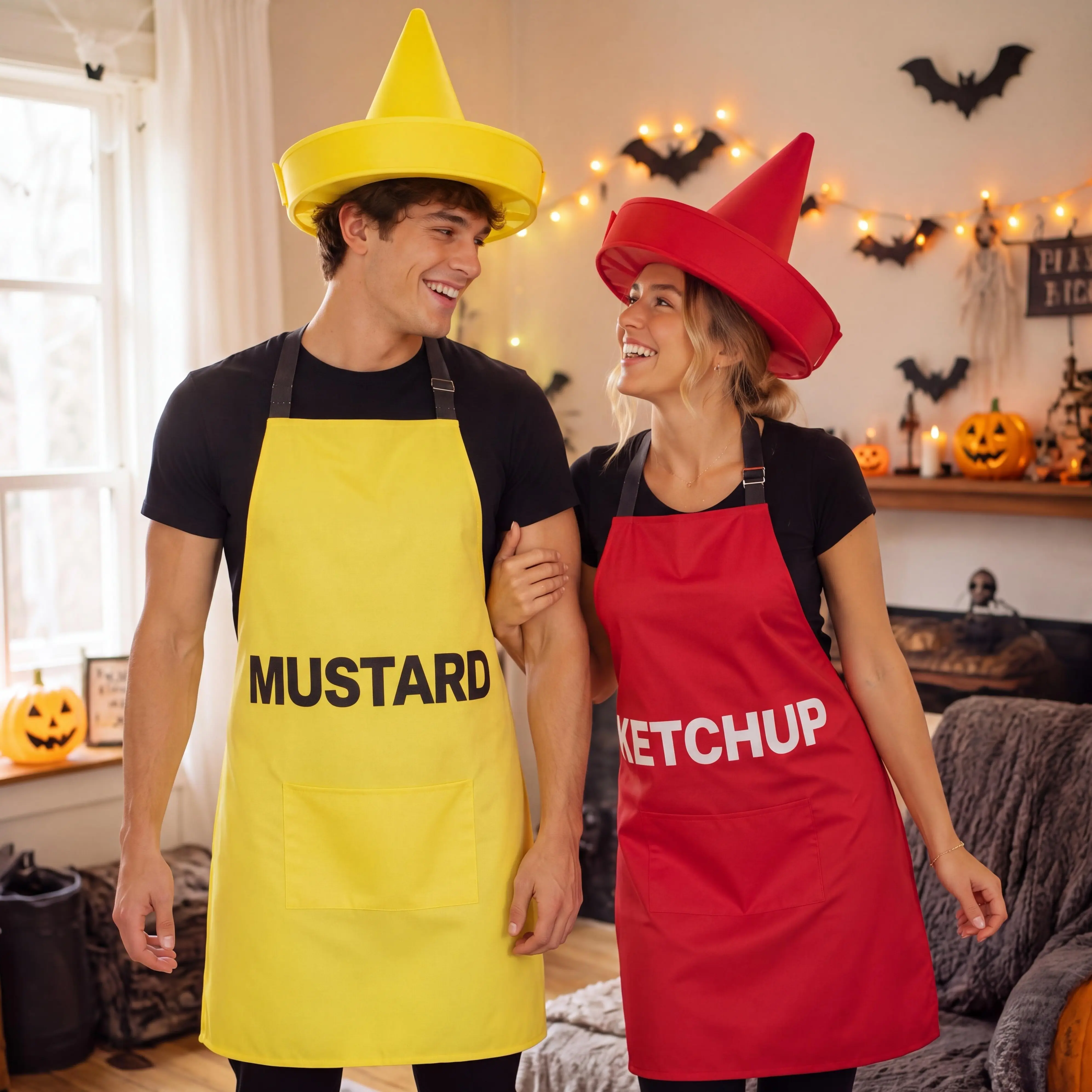 2PCS Halloween Costume for Couples,Ketchup Mustard Funny Food Costume Set with Hats,Halloween Apron Costume Set for Couples and Friends,Matching Costume for Halloween Party Dress Up Outfit