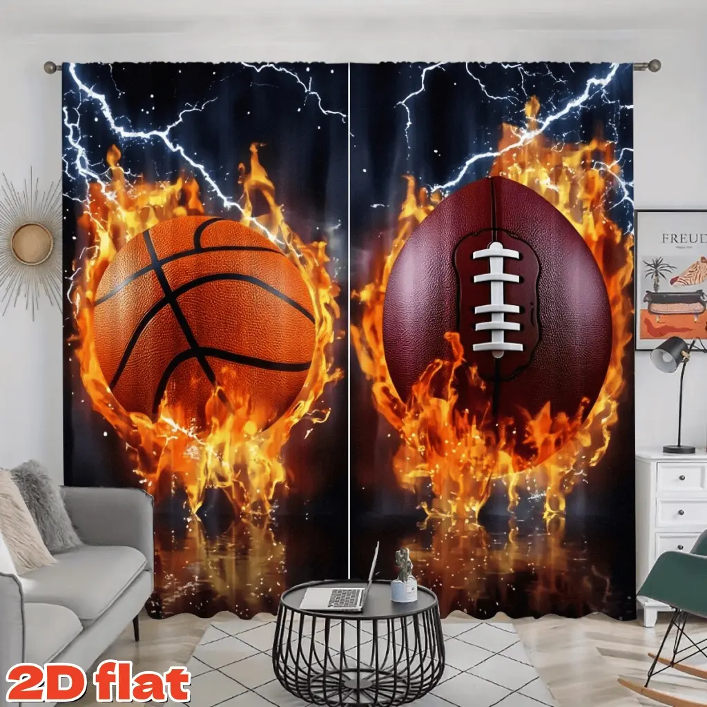 2D Flat 2Pcs Flaming Basketball & Football Printed Curtain Panels, Home Decorative Curtain, Lightning Sports Theme, Rod Pocket Style, Semi Sunshade Polyester Fiber, for Home Decor, Anti-Privacy, Decoration, Home Textile