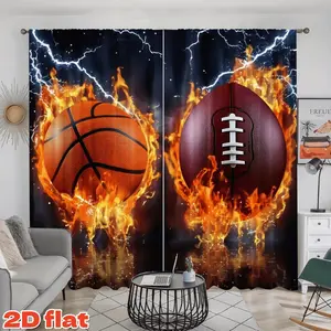 2D Flat 2Pcs Flaming Basketball & Football Printed Curtain Panels, Lightning Sports Theme, Rod Pocket Style, Semi Sunshade Polyester Fiber, for Home Living Room Bedroom Balcony Kitchen Study Window Decor, Anti-Privacy, Decoration, Home Textile .