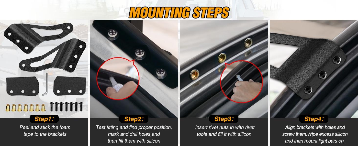 Nilight 2PCS 52” Curved LED Light Bar Bracket at Upper Windshield Roof Cab for 07-13 Chevy Silverado Suburban Avalanche Tahoe & GMC Yukon Sierra