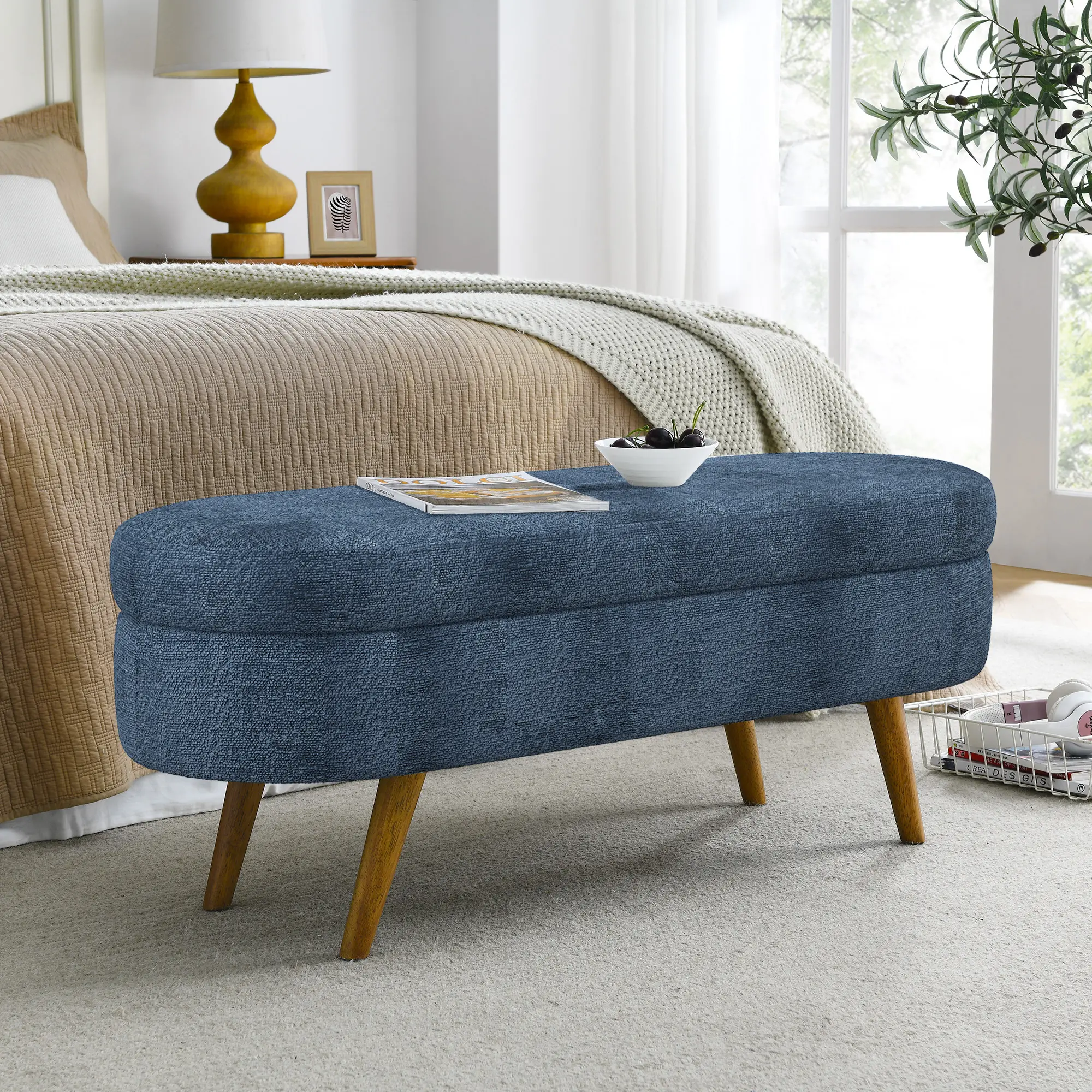 Oval Storage Ottoman Bench with Rubber Wood Legs Multifunctional Footstool Seat Hidden Storage Compartment for Living Room Bedroom Entryway