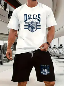 Men's Short Sleeve Shorts Set, Fitted 3D Trendy Fashion Print, Dallas Logo & Number 60 Sportswear, Casual Fanwear