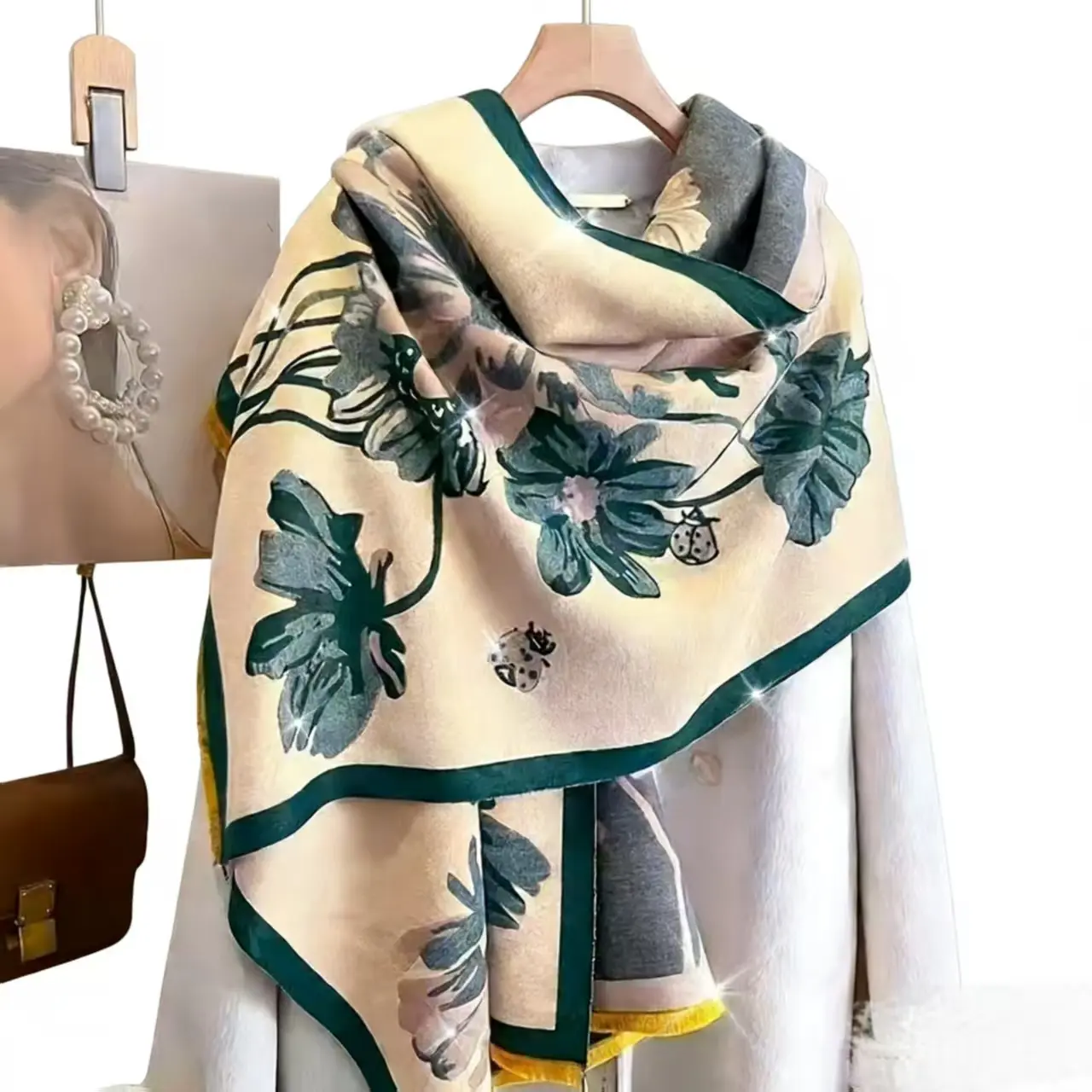 Women's Luxury Floral Print Polyester Scarf Shawl - Thick Warm Winter Neck Wrap, Soft Fabric, Durable Texture, Refined Sophisticated Design, Orange/Green/Blue, Versatile Casual-Formal Fashion Accessory, Outdoor Use, One Size, Plants
